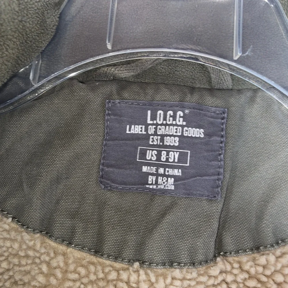 HM LOGG Boys Olive Green Field Jacket Faux Shearling Lined Parka Size 8-9Y